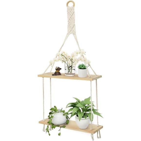 Macrame Hanging Shelves Wall Floating Shelf Natural Wood Chic Boho Decor 2 Tiers - Picture 1 of 6